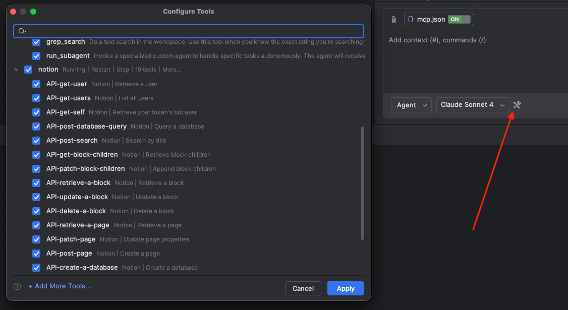 IntelliJ zeigt die verfügbaren Notion MCP-Tools im Agent-Modus