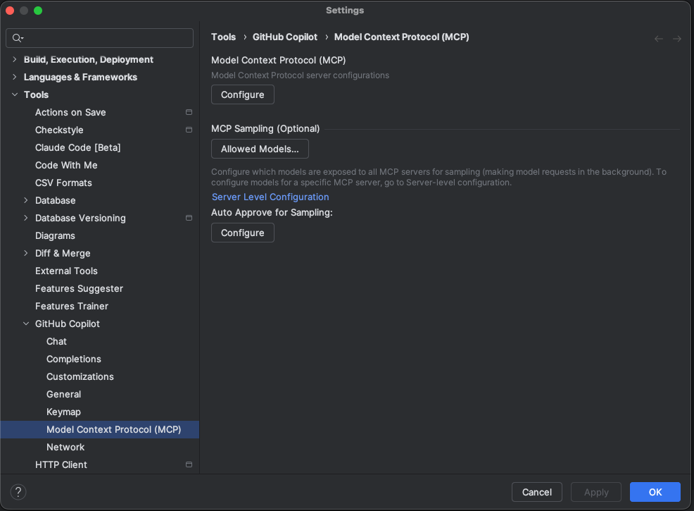 IntelliJ-Einstellungen mit dem MCP-Konfigurationspanel