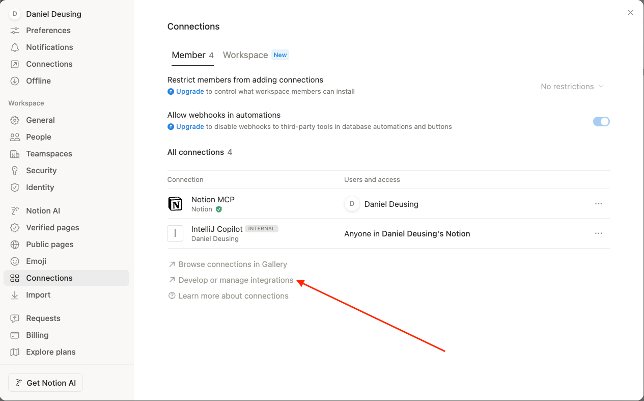 Notion-Einstellungen mit der Verbindungen-Seite und dem Link zur Integrationsverwaltung