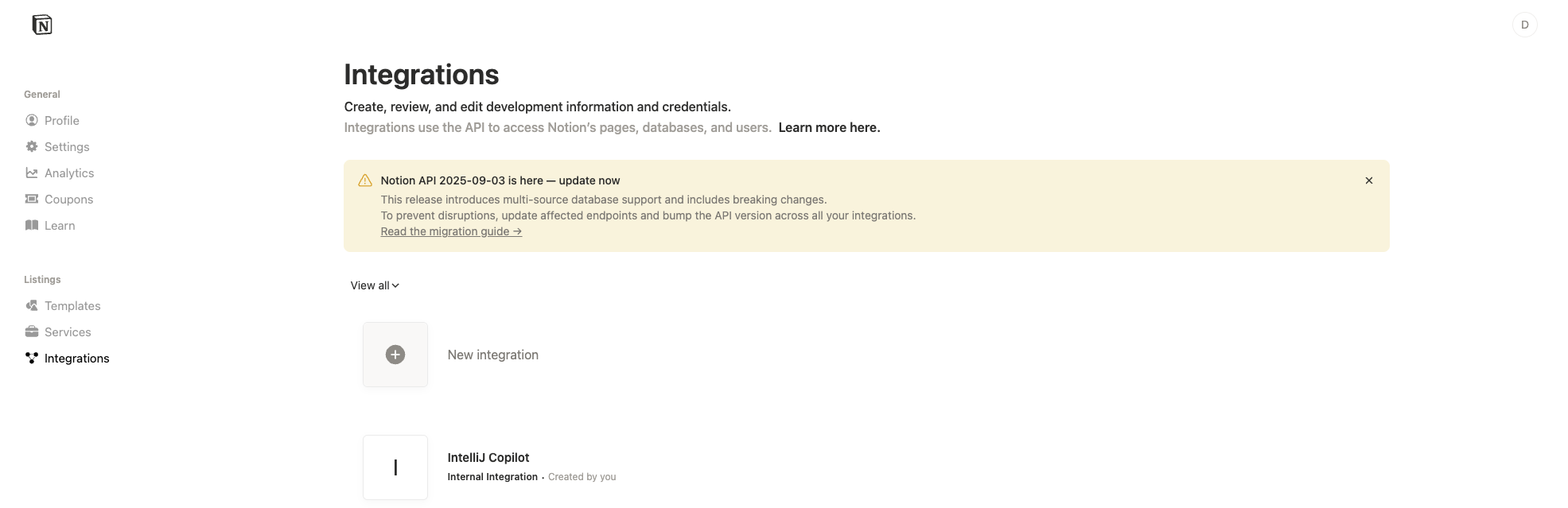 Notion-Integrationsseite mit dem Button für neue Integration
