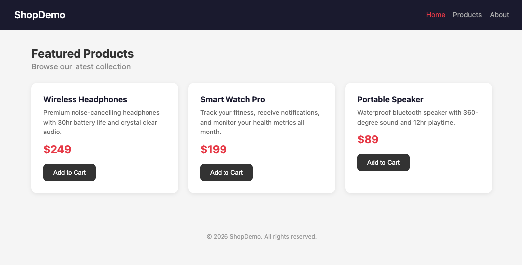 Original ShopDemo page with three product cards showing Wireless Headphones, Smart Watch Pro, and Portable Speaker