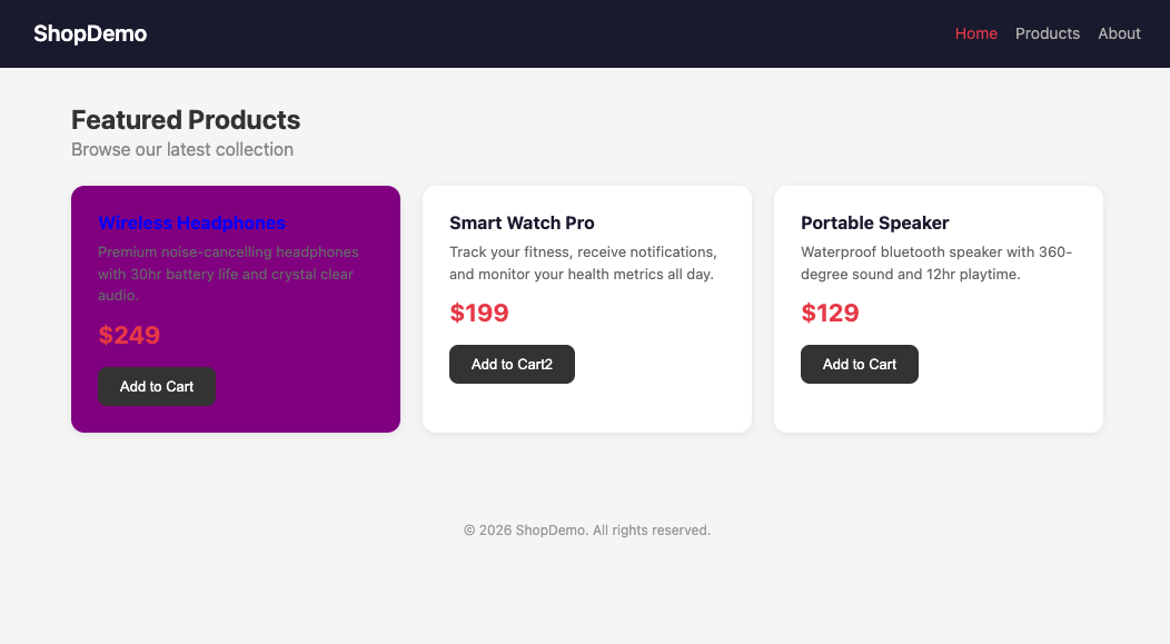 The page after all fixes are applied: blue heading, purple card background, corrected price, updated button text